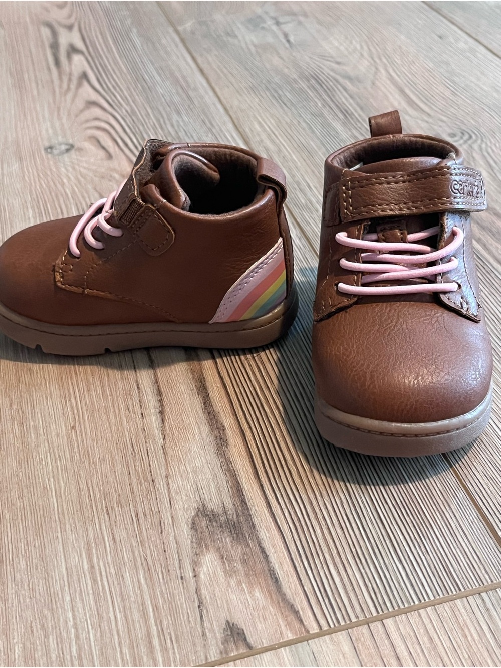 Carter's Brown Boots with Pink Laces and Rainbow Accent